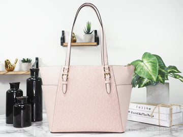 Michael Kors Charlotte Large Dark Powder Blush Signature PVC Top Zip Tote Handbag