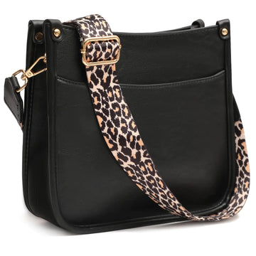 KOGTLA Womens Crossbody Shoulder Bag with Leopard Guitar StrapVegan Leather Purse Handbag Bucket Tote Bag Black