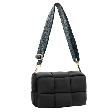 Womens shoulder bag puffer cassette purse hand woven down fabric cotton padded handbag (Black)