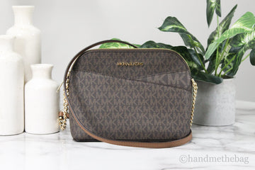 Michael Kors Jet Set Medium Brown Signature PVC X Cross Dome Crossbody Handbag