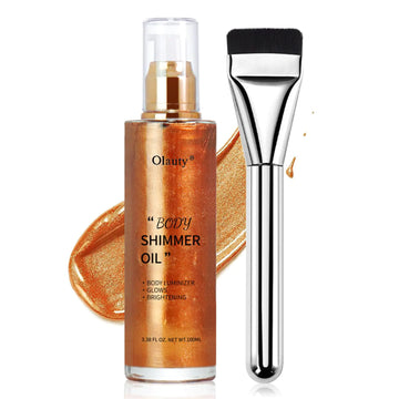 Shimmer Body Oil-Bronze Gold Face Brighten Pearl Highlighter Liquid Illuminator Body Glow Oil4 Color Bronze Makeup Glitter Body Shimmer Oil with Makeup Brush