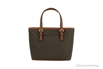 Michael Kors Jet Set Brown Signature XS Carryall Top Zip Crossbody Tote Handbag