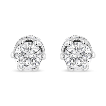 14K White Gold 1.0 Cttw Round Cut Prong-Set Diamond Crown Stud Earring (I-J Color, I1-I2 Clarity)