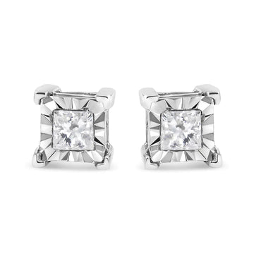 .925 Sterling Silver Miracle Set Princess-Cut Diamond Solitaire Stud Earrings (I-J Color, SI1-SI2 Clarity)