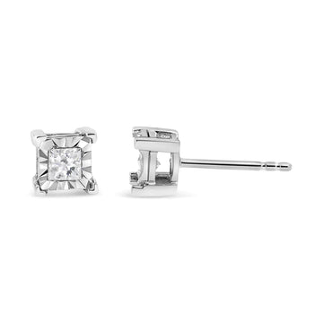 .925 Sterling Silver Miracle Set Princess-Cut Diamond Solitaire Stud Earrings (I-J Color, SI1-SI2 Clarity)
