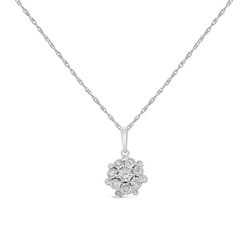 .925 Sterling Silver 1/4 cttw Diamond Floral Cluster Pendant Necklace (I-J, I2-I3)