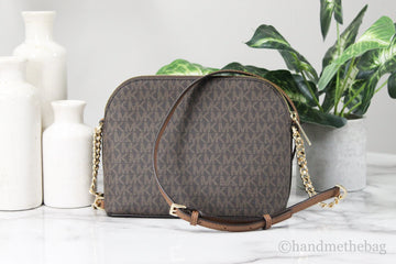 Michael Kors Jet Set Medium Brown Signature PVC X Cross Dome Crossbody Handbag