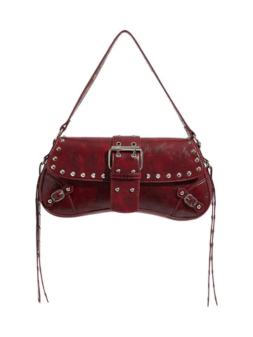 Verdusa Womens Shoulder Bag Y2K Handbag Rivet Punk Hobo Purse with Buckle Burgundy One-Size