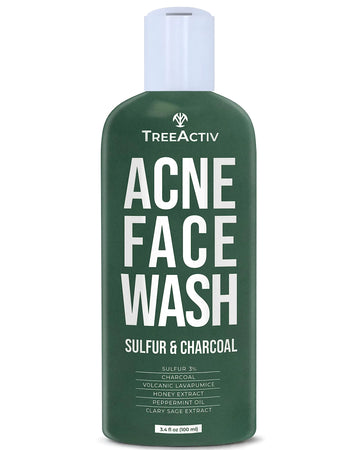TreeActiv Acne Charcoal Face Wash 3.4 oz Exfoliating Daily Honey & Sulfur Face Wash - Sulfur Acne Treatment Cleanser Face Soap Mens Face Wash Deep Cleansing Moisturizing Face Wash for Women and Men