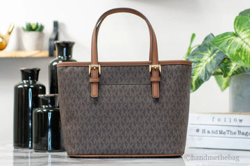Michael Kors Jet Set Brown Signature XS Carryall Top Zip Crossbody Tote Handbag