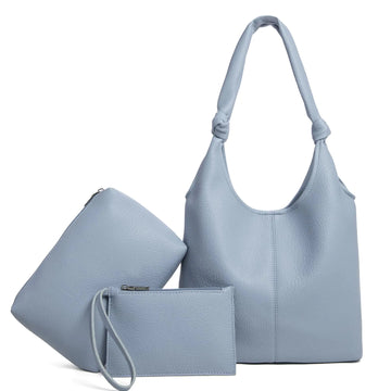 Vegan Leather Hobo Purses set Slouchy Shoulder Bag Knotted Hobo Bags for Women with a small Purse and Clutch Handbag (Blue)
