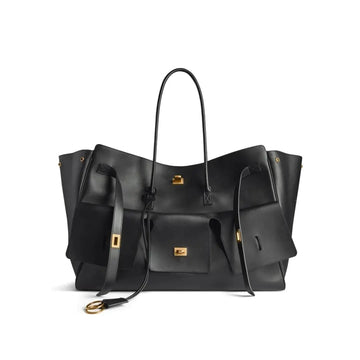 Cowhide tote bag fashionable high-end large bag handbag large capacity ladies motorcycle bag(Black/Silver buckle)