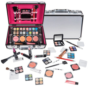 SHANY Carry All Makeup Train Case with Pro Makeup Set Makeup Brushes Lipsticks Eye Shadows Blushes Powders and more - Reusable Makeup Storage Organizer - Premium Gift Packaging - Silver
