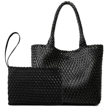 JINMANXUE Woven Tote Bag For WomenLarge vegan leather Purses Travel Shoulder BagsFemale Work Handbag Summer Beach Totes (Black)