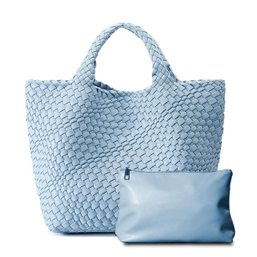 Dyalsa Women Woven Tote Bag 2PCS Vegan Leather Handbag Large Summer Beach Bag and Purse Handmade Hobo Bag Clutch Bag Set(Blue)