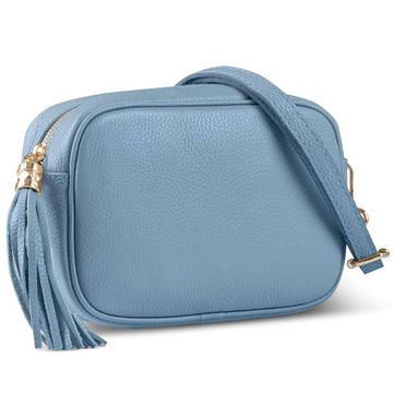 TAKEASY Italian Genuine Leather Crossbody Bag for Women with Zipper Long Strap Tassel | Small Purse Wallet Shoulder Handbag (Denim)